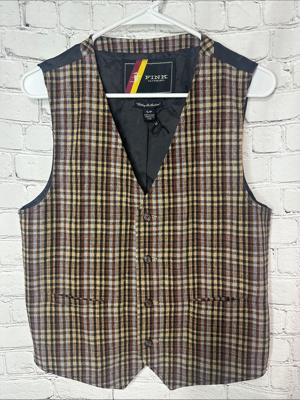 Fink Clothing Men’s Small Plaid Wool Blend Vest Waistcoat Brown Tan Blue
